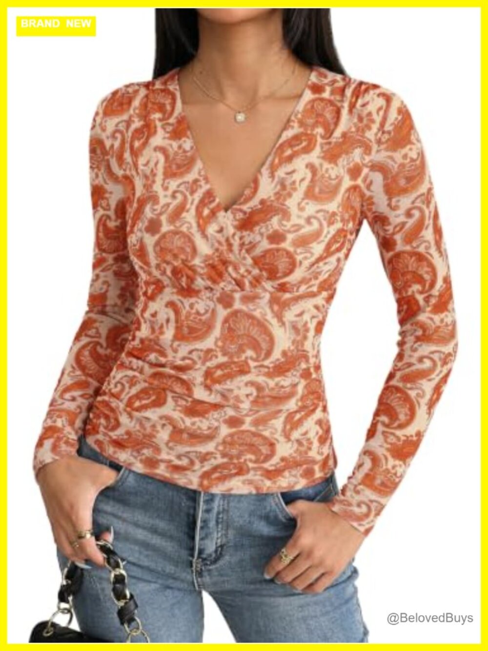 Womens Boho Mesh Top Long Sleeve Ruched V-Neck Floral Blouse